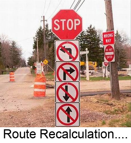 Road signs showing every direction is barred. Route Recalculation