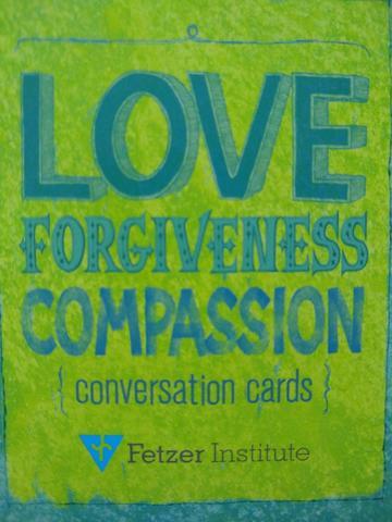 cover art for the Fetzer Institute's Love, Forgiveness and Compassion deck. Blue text on a grass green background.