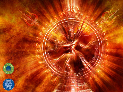 Image of a dancing Shiva in reds and yellows. Chaplain's Office and Asian American Cultural Center logos.