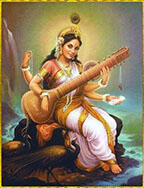 A poster of Goddess Saraswati sitting by a river holding a Vina. 