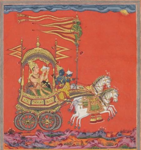 Arjuna and Krishna blow their conches, Jnaneshvari manuscript