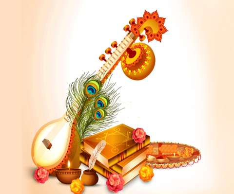 an image of a veena and books, an aarati plate, peacock feathers and flowers