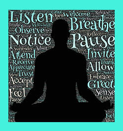 poster with yogi and positive words such as breathe, pause and listen